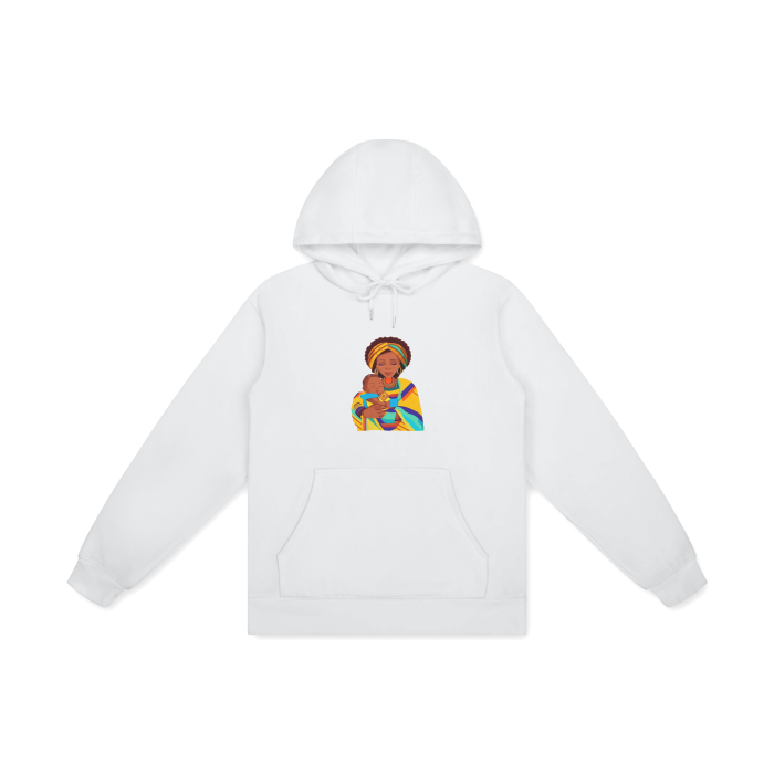 A white hoodie celebrating the timeless bond between a mother and her beloved son.