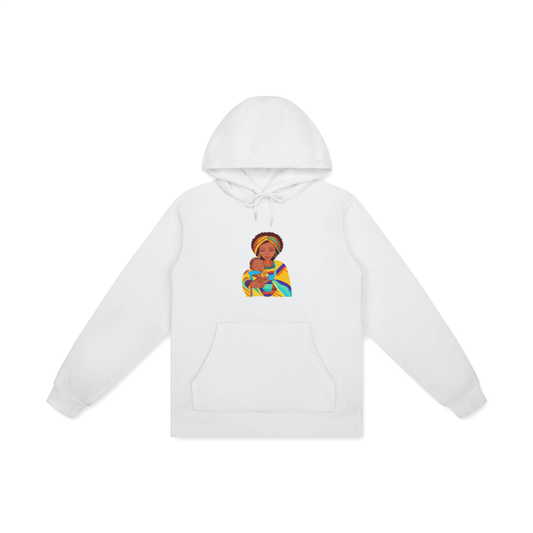 A white hoodie celebrating the timeless bond between a mother and her beloved son.