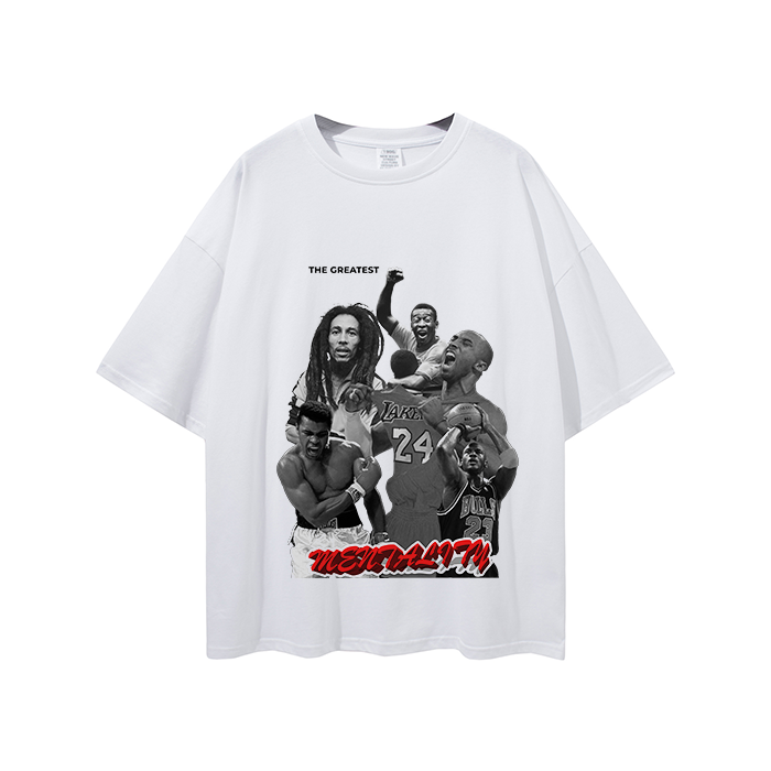 A white T-shirt featuring iconic portraits of Bob Marley, Muhammed Ali, Pele, Kobe Bryant, and Michael Jordan, bringing together the unparalleled greatness of these influential personalities.